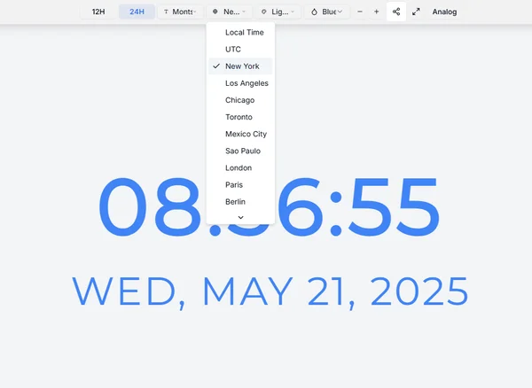 Online digital clock interface displaying key features