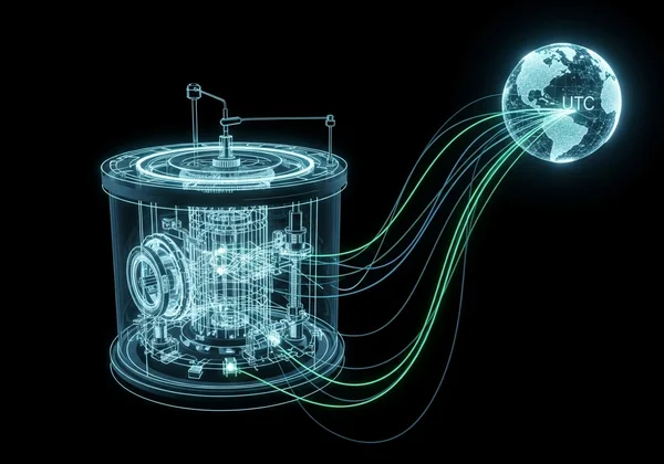 Atomic clock diagram with global UTC synchronization.