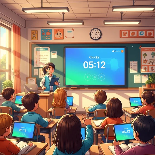Classroom display of full screen digital clock for activity timing.