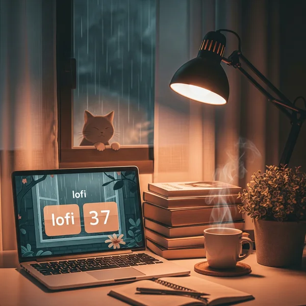 A cozy desk setup featuring a lofi-style aesthetic clock.