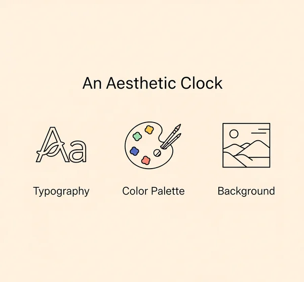 Core elements of an aesthetic online clock: font, color, background.