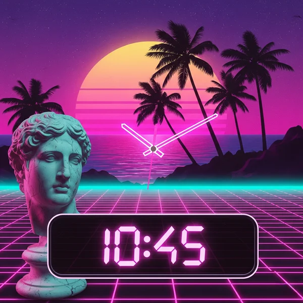A stylish digital clock with a retro vaporwave design.