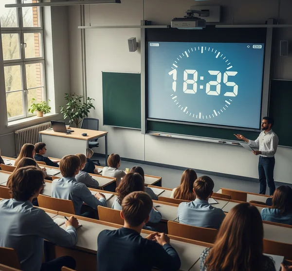 Large digital clock in a classroom presentation