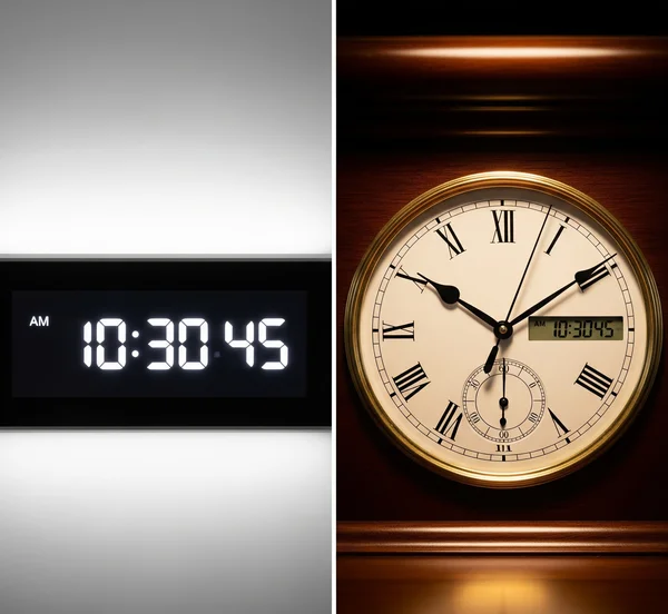 Side-by-side digital and analog clocks