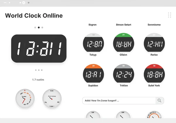 Screenshot von DigitalClock.org beim Hinzufügen mehrerer Zeitzonen.