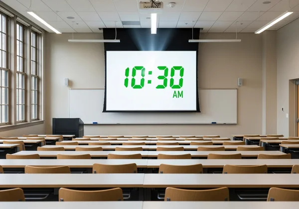 Large digital clock on a projector screen in a classroom.