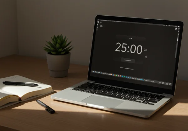 Digital na orasan na nagpapakita ng 25:00 sa isang malinis na workspace