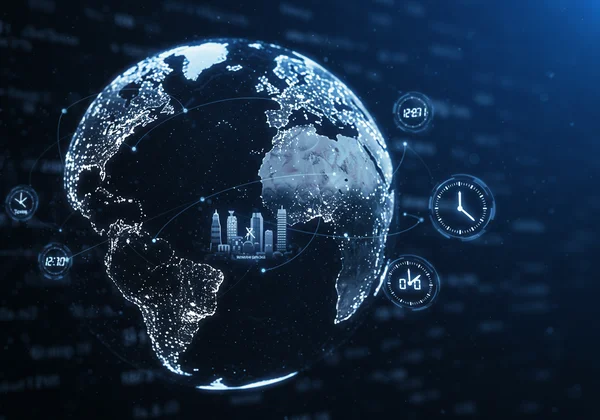 A digital globe with clocks for major world cities.