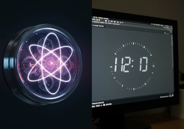Comparing an atomic clock's precision with a PC clock.