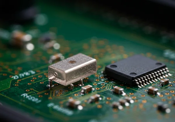 Quartz crystal oscillator on a computer motherboard.
