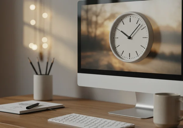 Elegant analog clock on a digital desktop in a calm setting