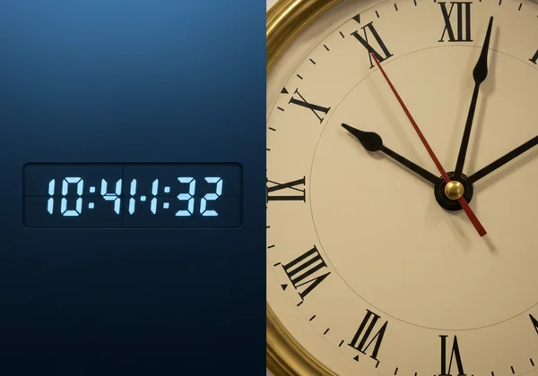Digital and analog clocks side by side, representing choice